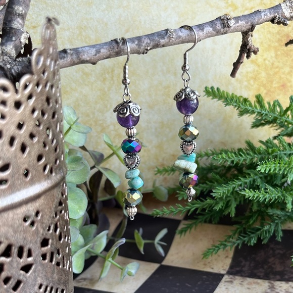 Handmade Bohemian Purple Turquoise Earrings - Picture 2 of 12